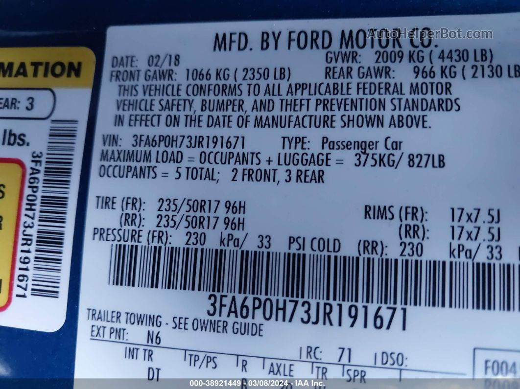 2018 Ford Fusion Se Blue vin: 3FA6P0H73JR191671