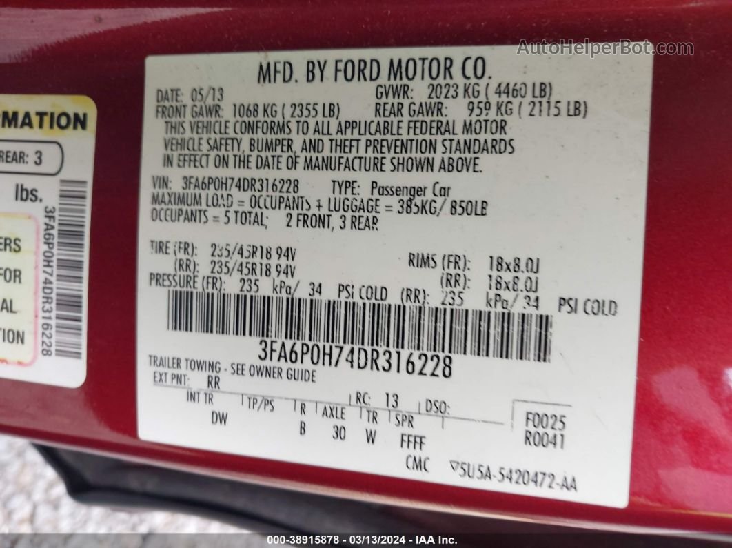 2013 Ford Fusion Se Red vin: 3FA6P0H74DR316228