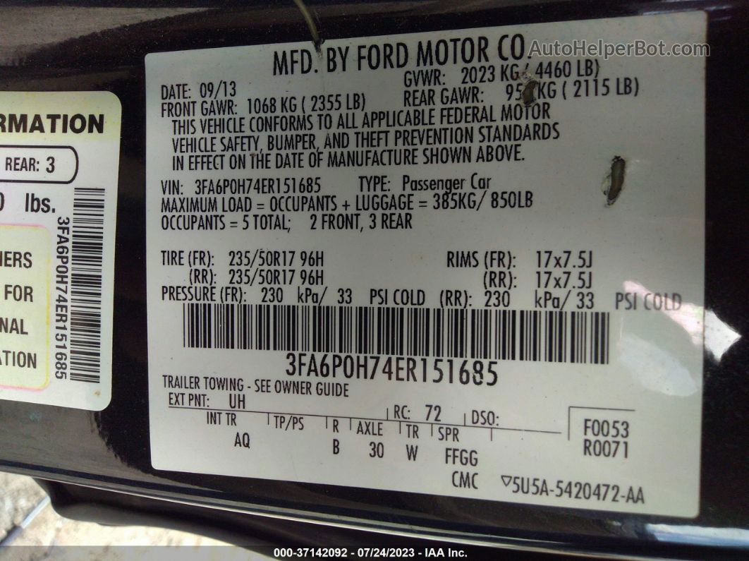 2014 Ford Fusion Se Черный vin: 3FA6P0H74ER151685