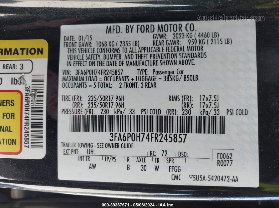 2015 Ford Fusion Se Черный vin: 3FA6P0H74FR245857