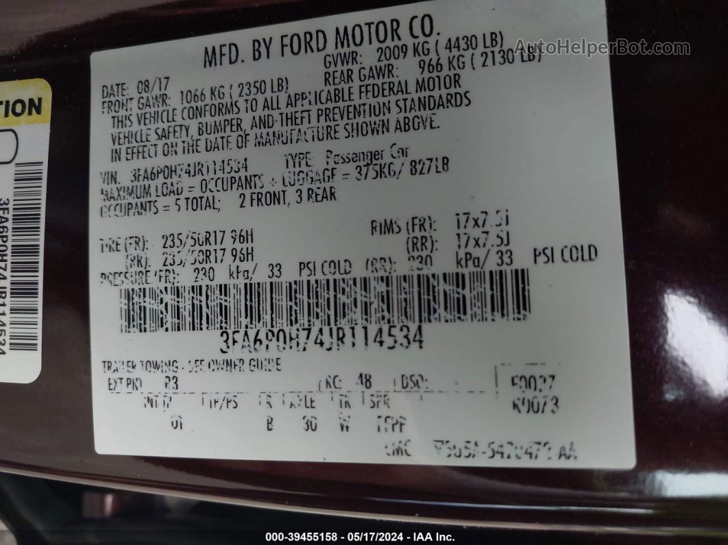 2018 Ford Fusion Se Бордовый vin: 3FA6P0H74JR114534
