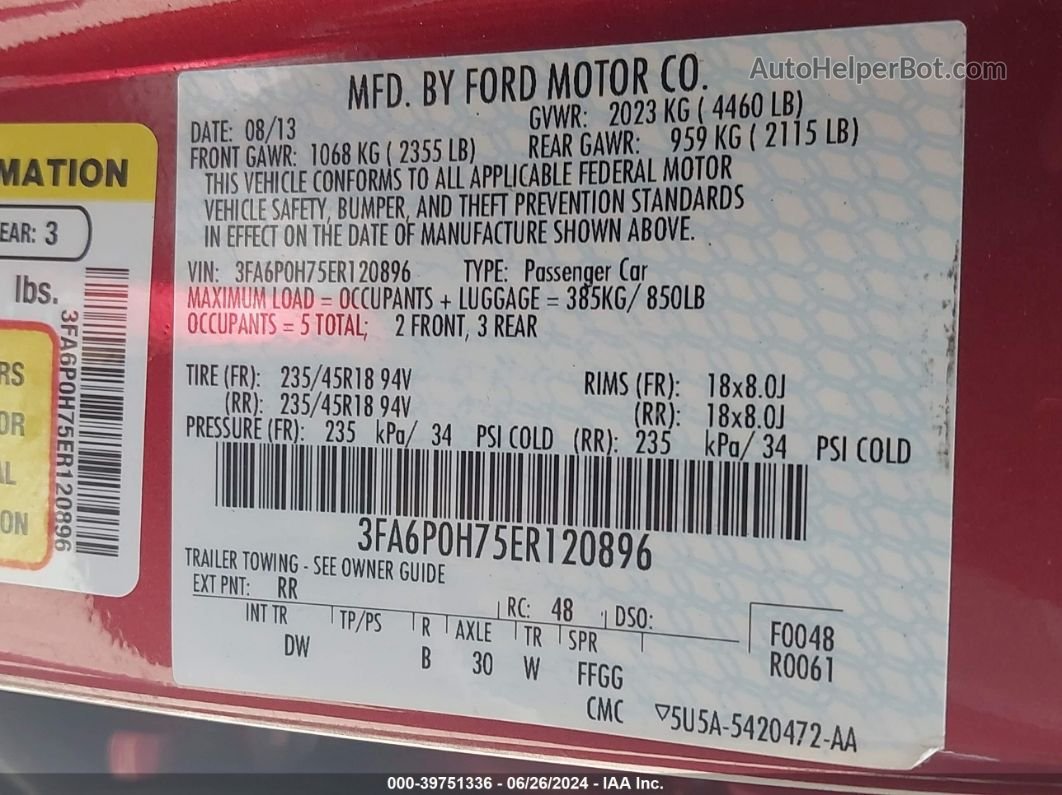 2014 Ford Fusion Se Red vin: 3FA6P0H75ER120896