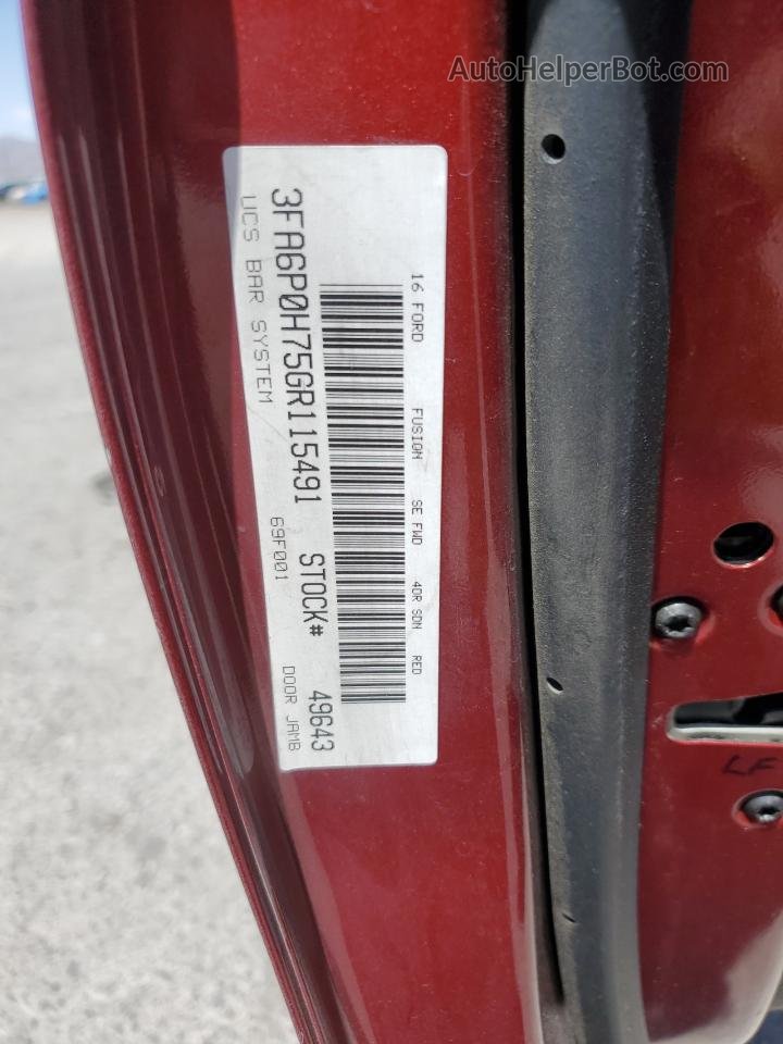 2016 Ford Fusion Se Red vin: 3FA6P0H75GR115491