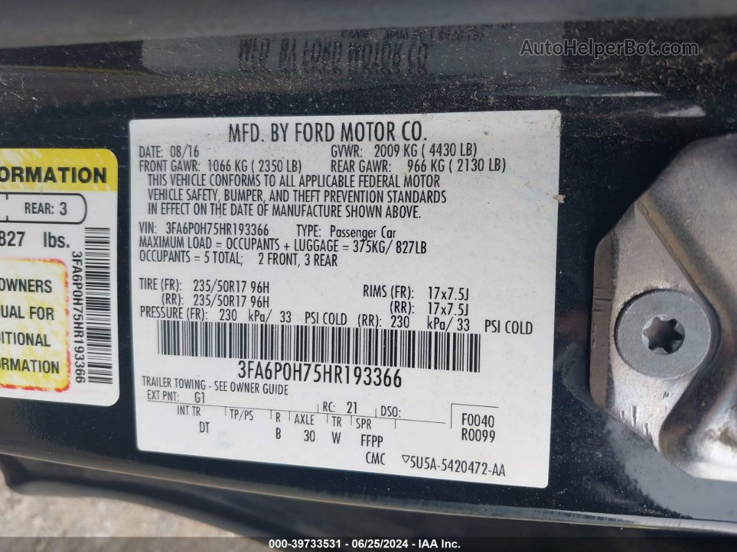 2017 Ford Fusion Se Black vin: 3FA6P0H75HR193366