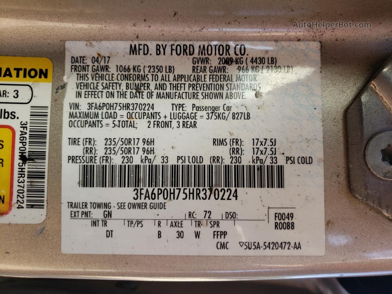 2017 Ford Fusion Se Бежевый vin: 3FA6P0H75HR370224