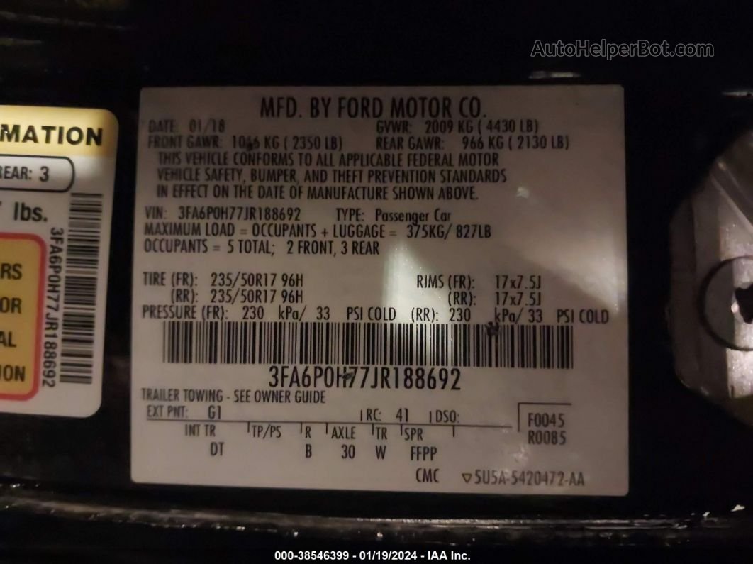 2018 Ford Fusion Se Черный vin: 3FA6P0H77JR188692