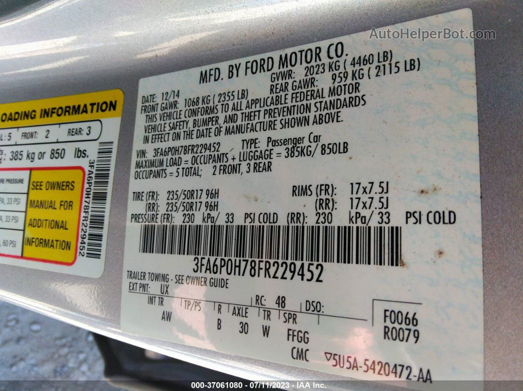 2015 Ford Fusion Se Silver vin: 3FA6P0H78FR229452