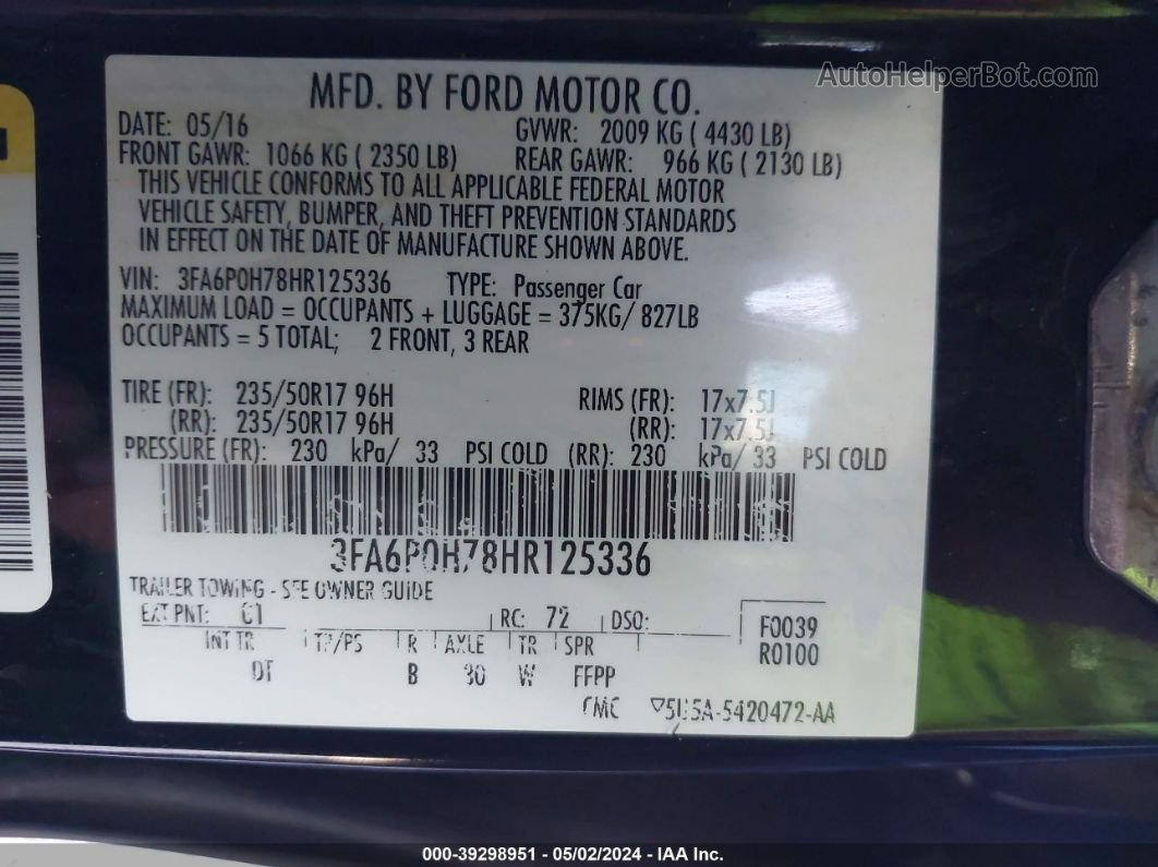 2017 Ford Fusion Se Черный vin: 3FA6P0H78HR125336