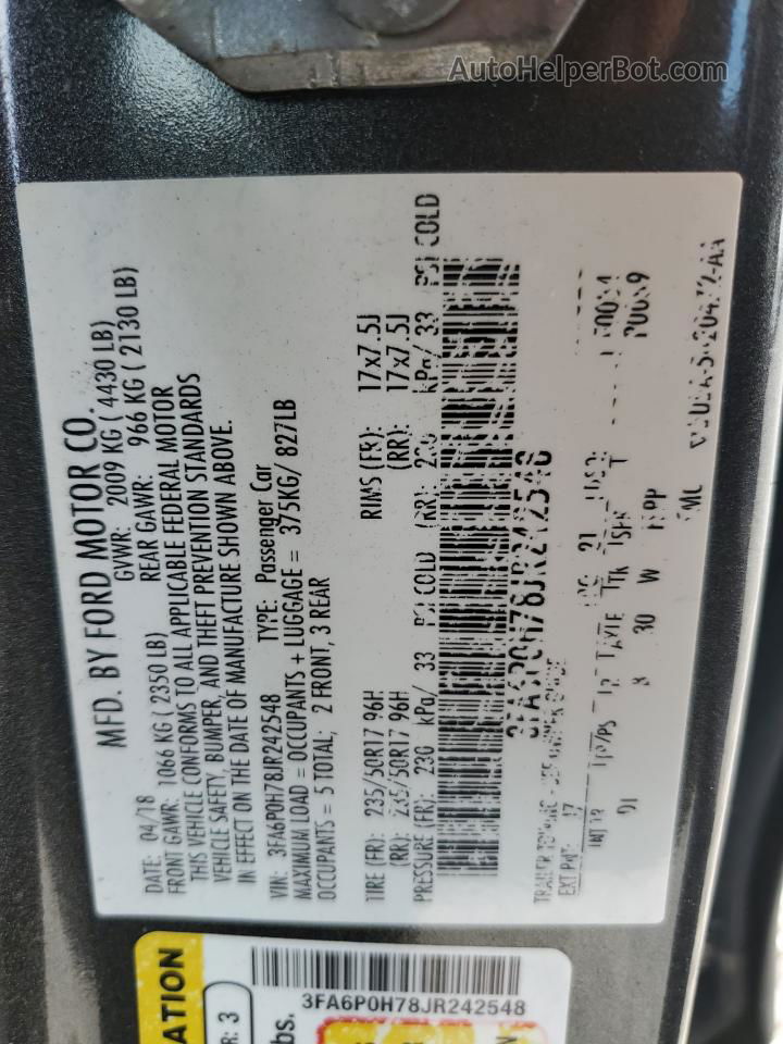 2018 Ford Fusion Se Charcoal vin: 3FA6P0H78JR242548