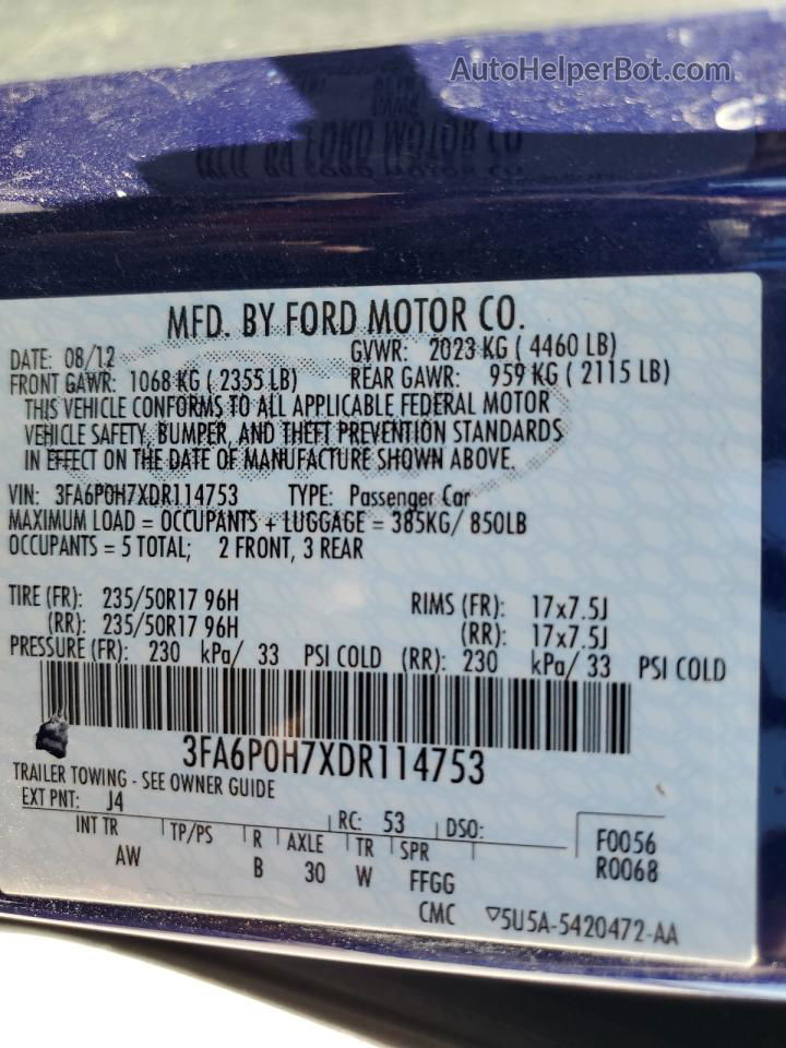 2013 Ford Fusion Se Blue vin: 3FA6P0H7XDR114753