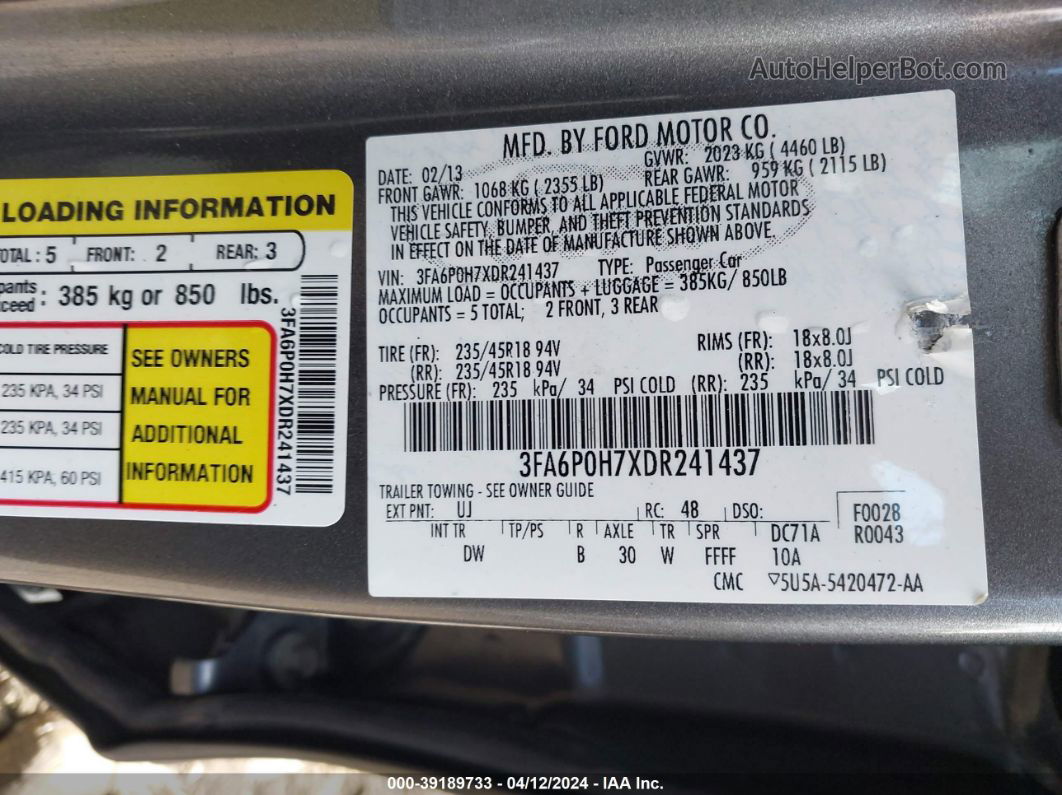 2013 Ford Fusion Se Серый vin: 3FA6P0H7XDR241437