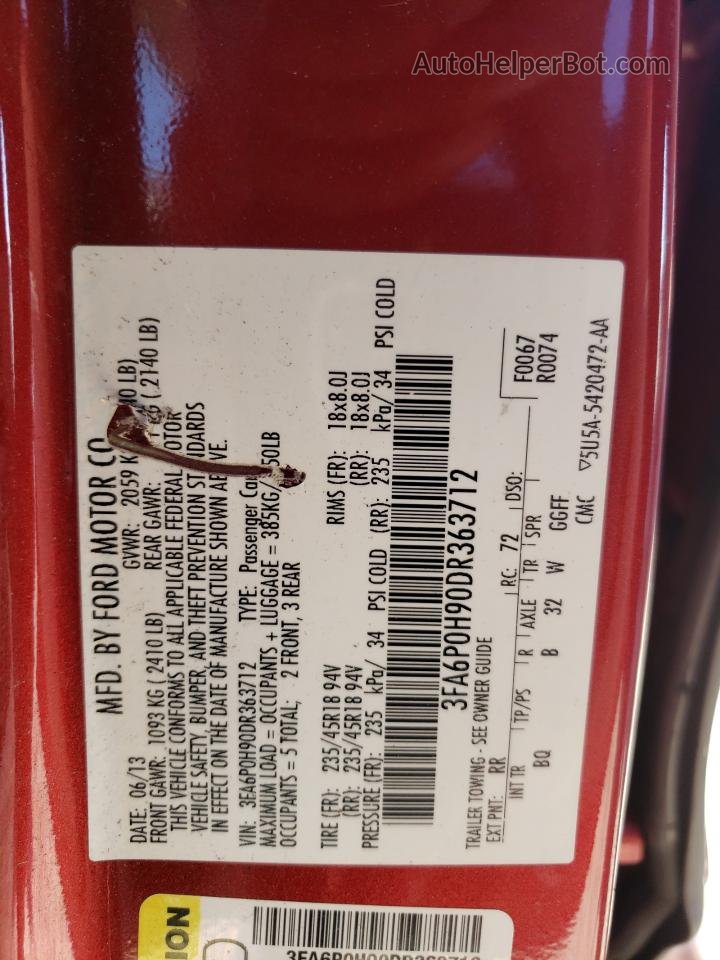 2013 Ford Fusion Se Красный vin: 3FA6P0H90DR363712