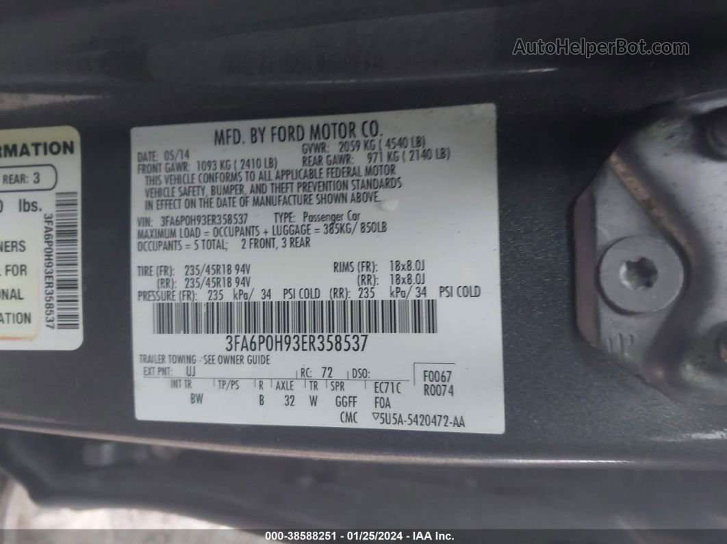 2014 Ford Fusion Se Gray vin: 3FA6P0H93ER358537