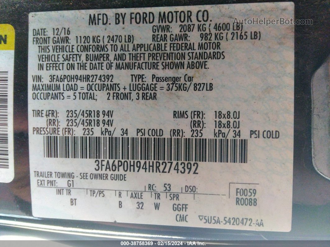 2017 Ford Fusion Se Black vin: 3FA6P0H94HR274392