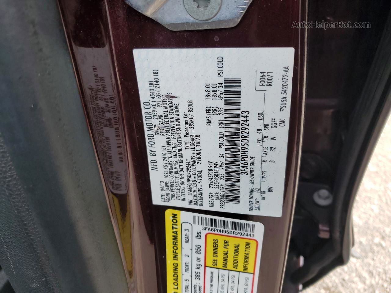 2013 Ford Fusion Se Maroon vin: 3FA6P0H95DR292443