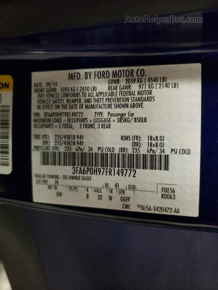2015 Ford Fusion Se Blue vin: 3FA6P0H97FR149772