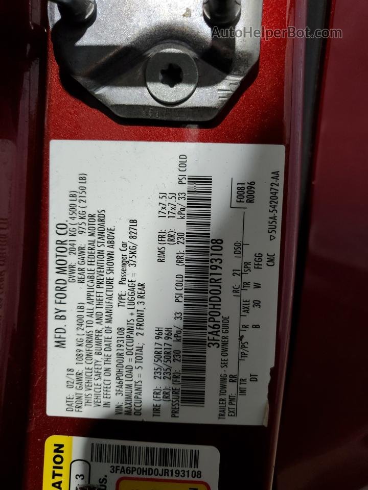 2018 Ford Fusion Se Red vin: 3FA6P0HD0JR193108