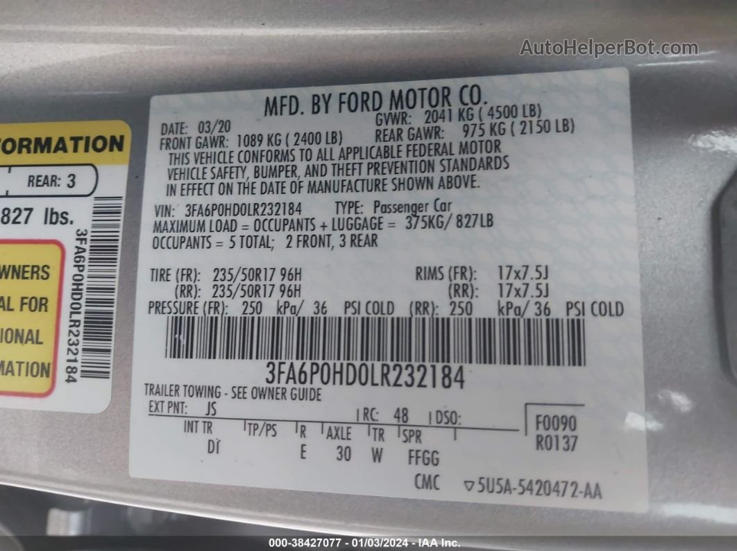2020 Ford Fusion Se Silver vin: 3FA6P0HD0LR232184