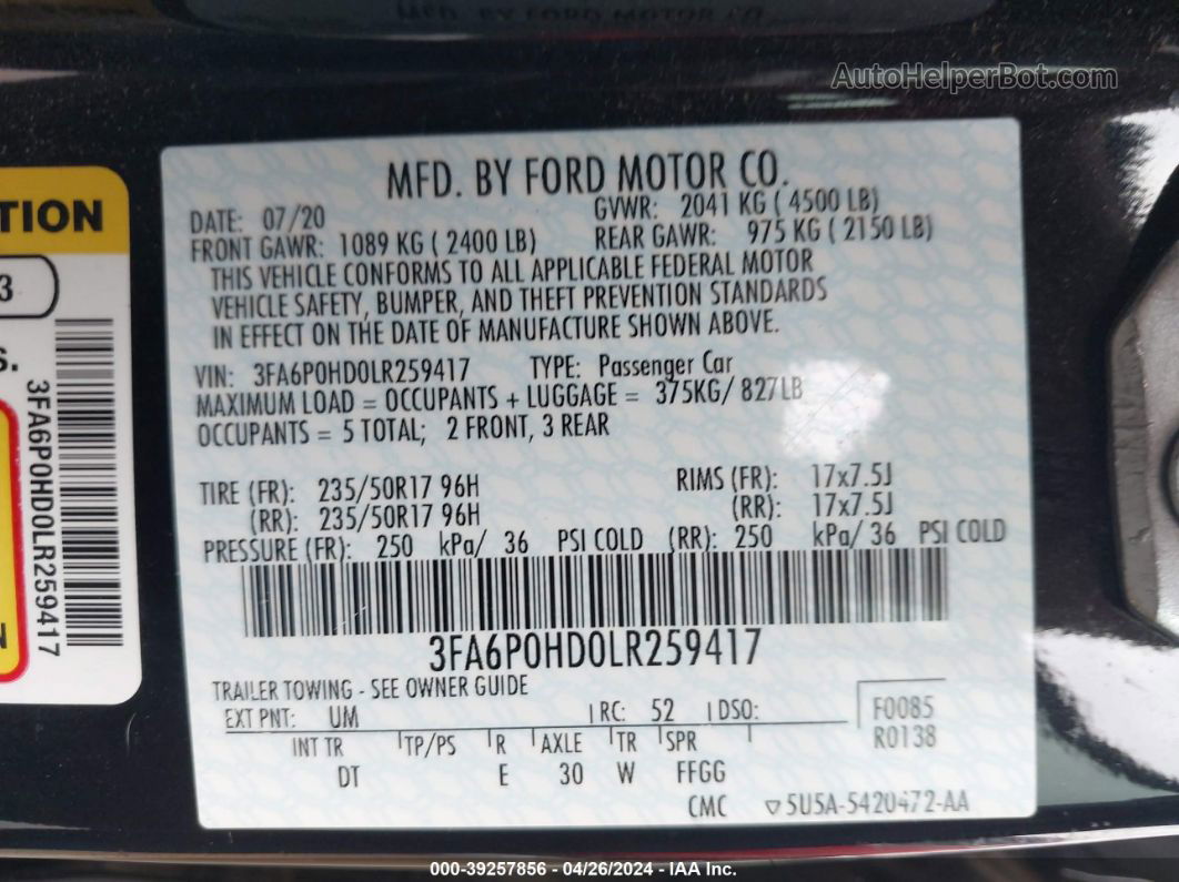 2020 Ford Fusion Se Black vin: 3FA6P0HD0LR259417