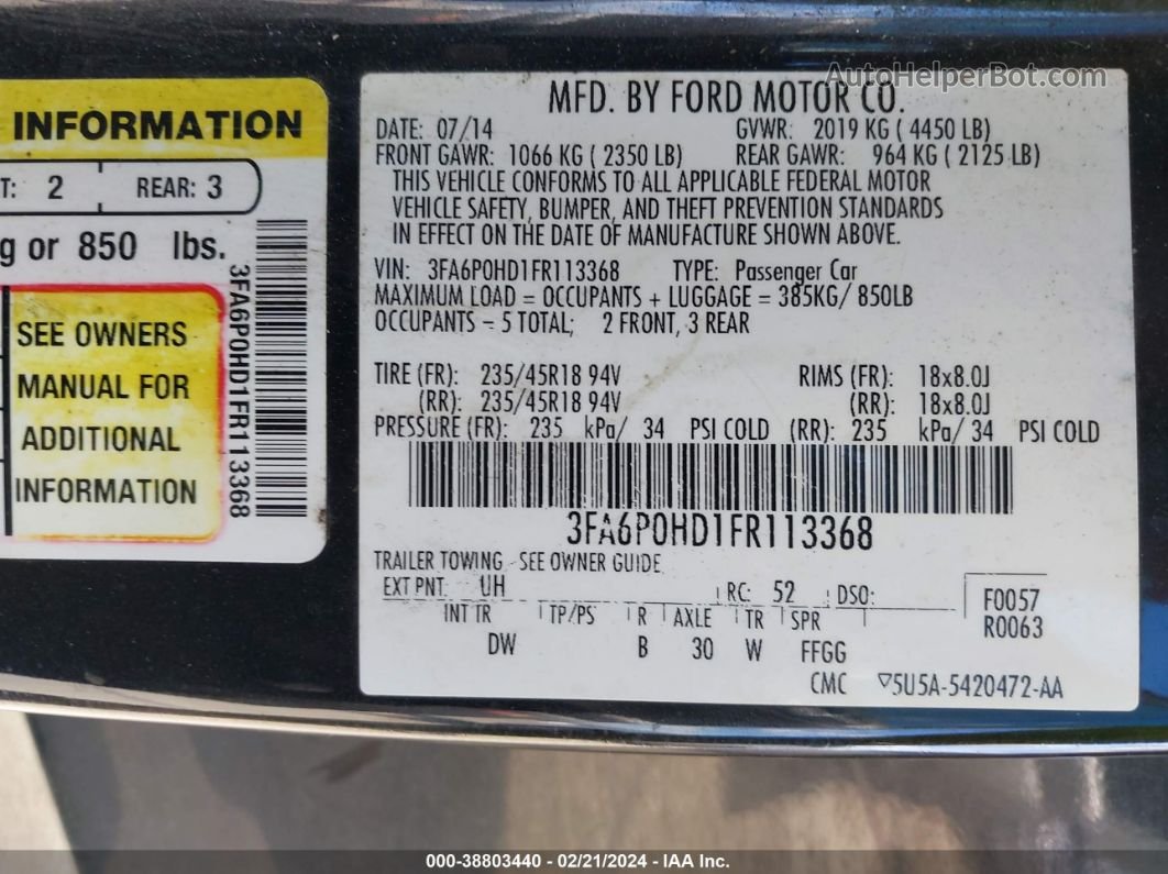 2015 Ford Fusion Se Black vin: 3FA6P0HD1FR113368