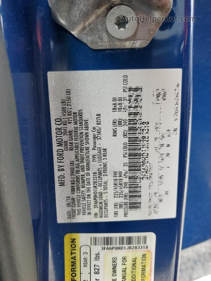 2018 Ford Fusion Se Blue vin: 3FA6P0HD1JR283318