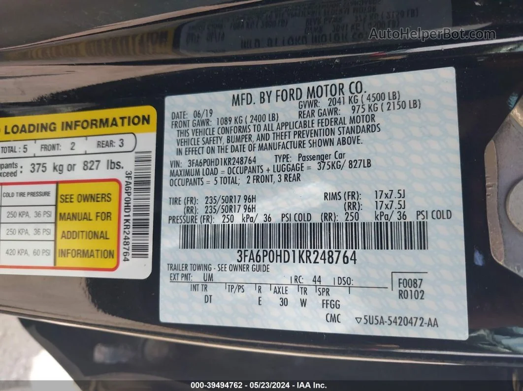 2019 Ford Fusion Se Black vin: 3FA6P0HD1KR248764