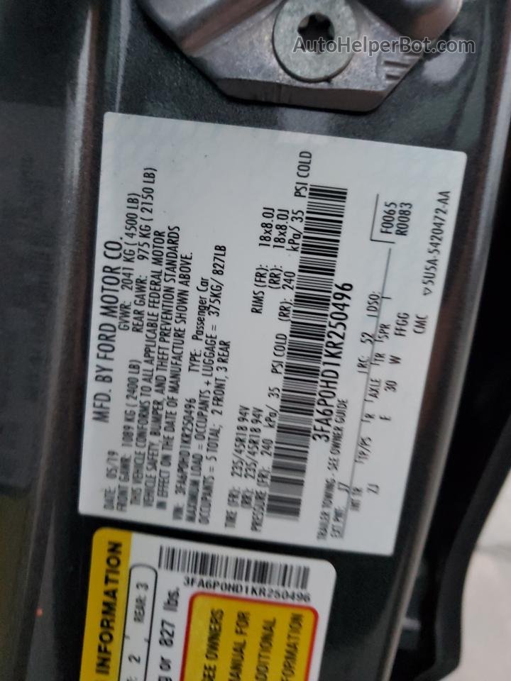 2019 Ford Fusion Se Gray vin: 3FA6P0HD1KR250496