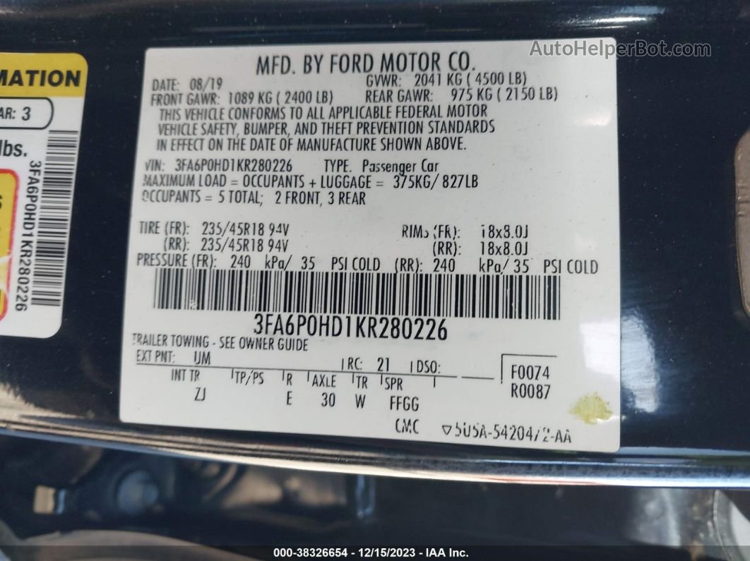 2019 Ford Fusion Se Black vin: 3FA6P0HD1KR280226