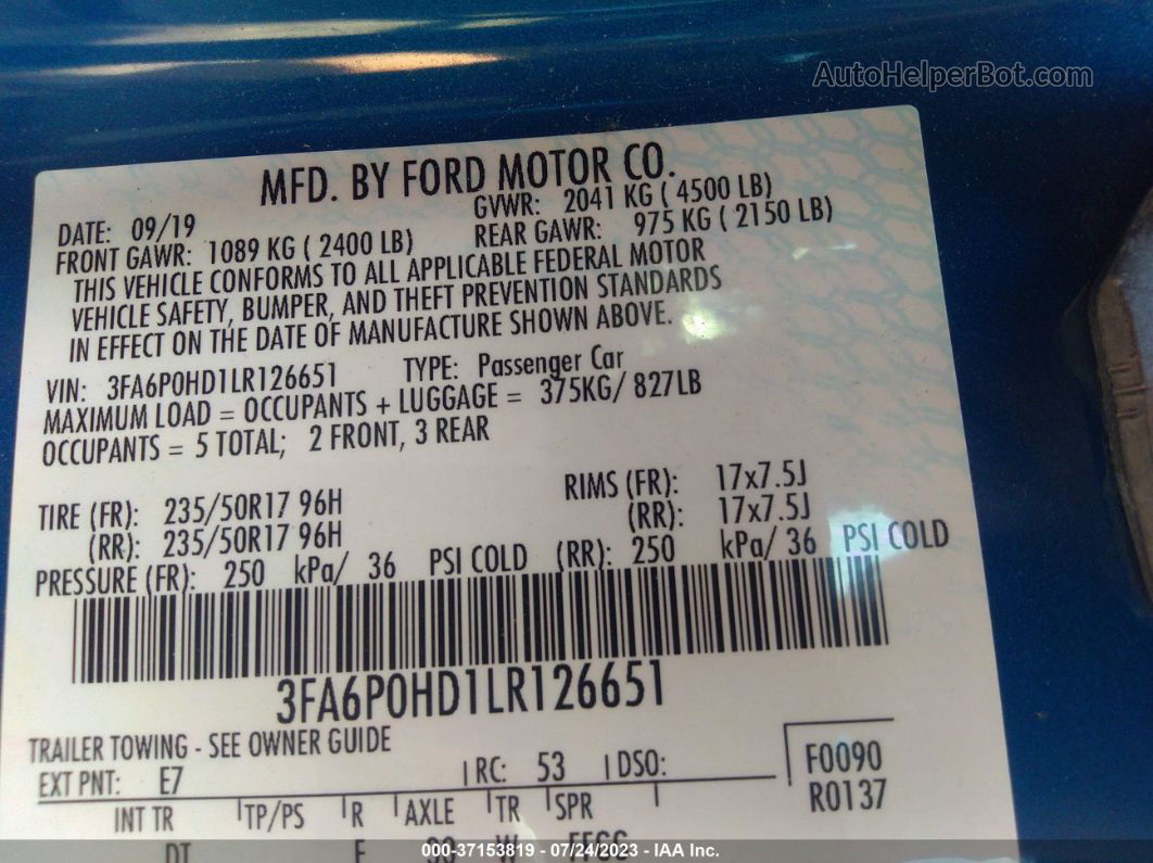 2020 Ford Fusion Se Blue vin: 3FA6P0HD1LR126651