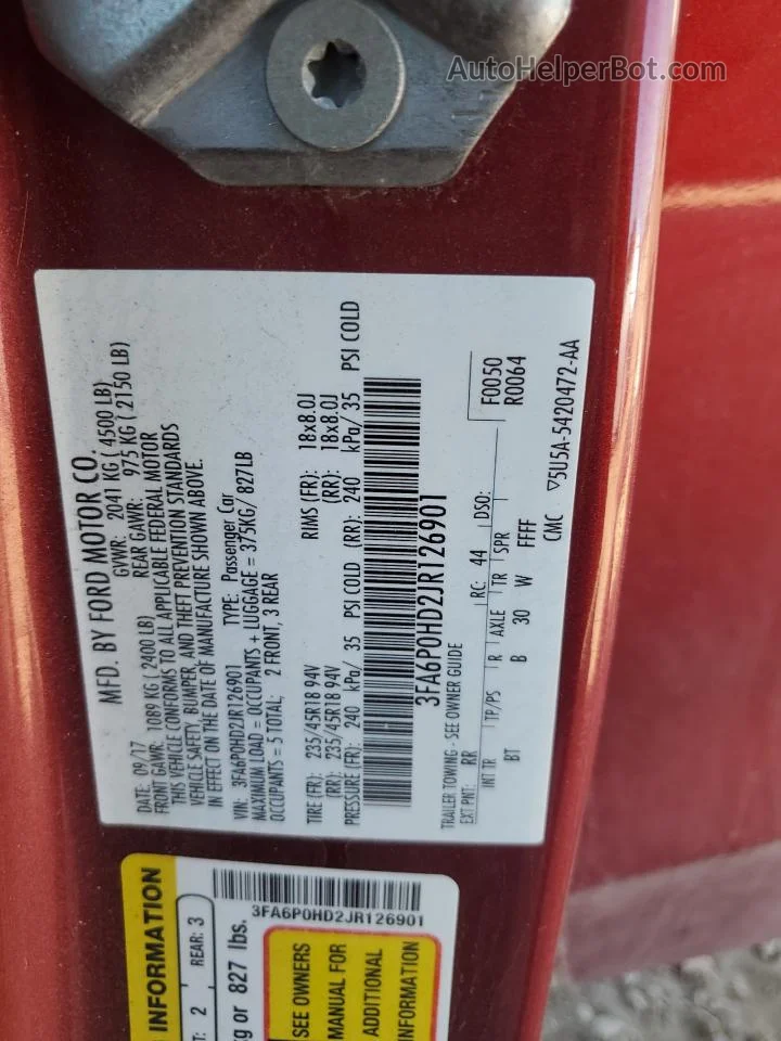 2018 Ford Fusion Se Красный vin: 3FA6P0HD2JR126901