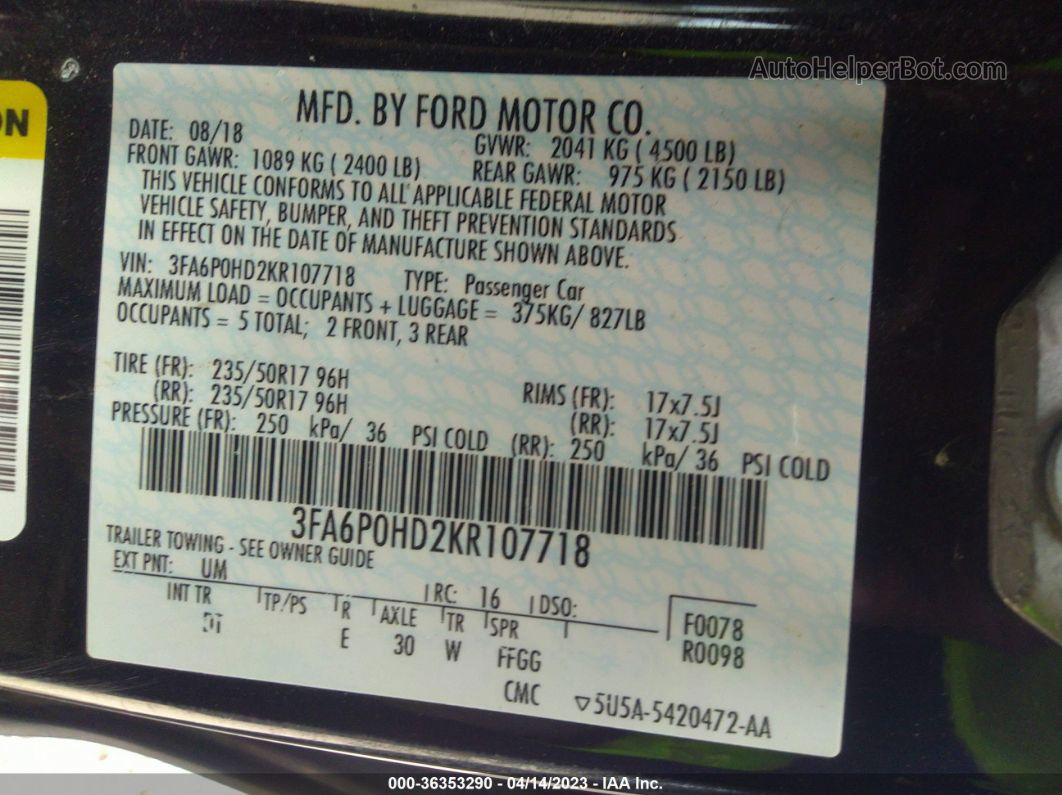 2019 Ford Fusion Se Черный vin: 3FA6P0HD2KR107718