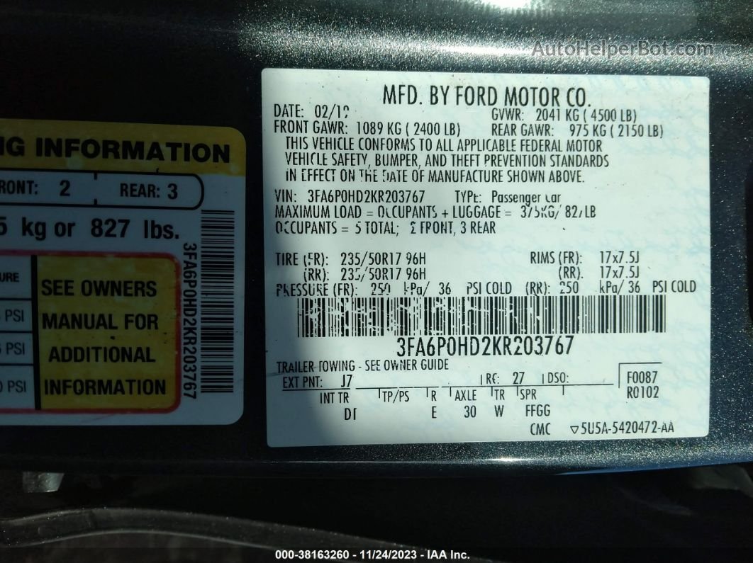 2019 Ford Fusion Se Gray vin: 3FA6P0HD2KR203767