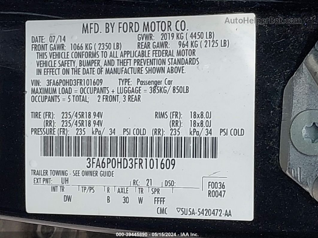 2015 Ford Fusion Se Черный vin: 3FA6P0HD3FR101609