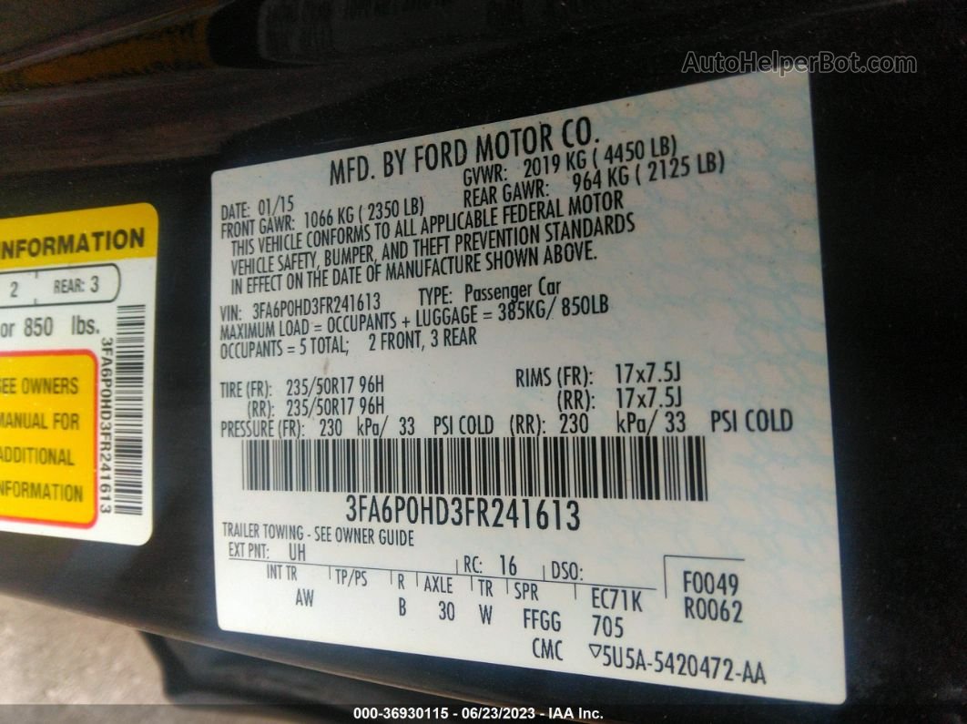 2015 Ford Fusion Se Gray vin: 3FA6P0HD3FR241613