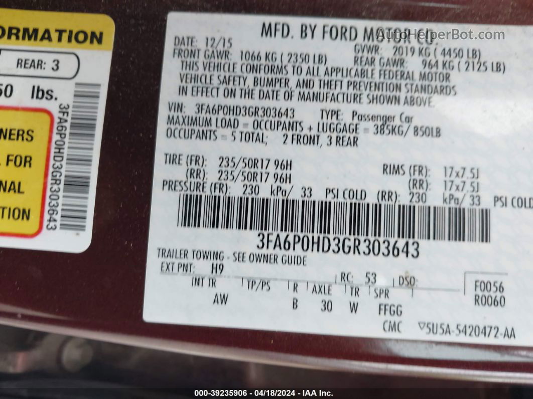 2016 Ford Fusion Se Brown vin: 3FA6P0HD3GR303643