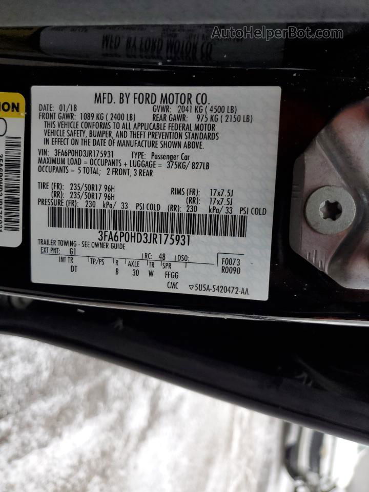 2018 Ford Fusion Se Черный vin: 3FA6P0HD3JR175931