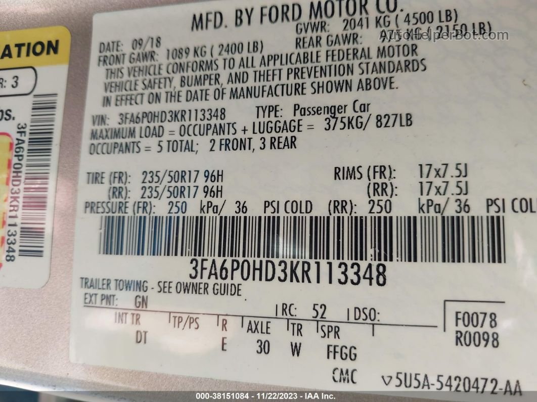 2019 Ford Fusion Se Champagne vin: 3FA6P0HD3KR113348