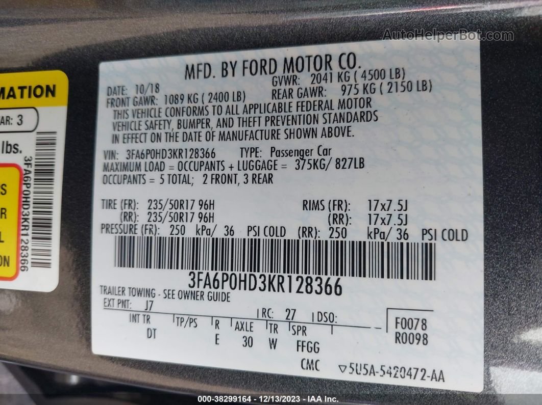 2019 Ford Fusion Se Gray vin: 3FA6P0HD3KR128366