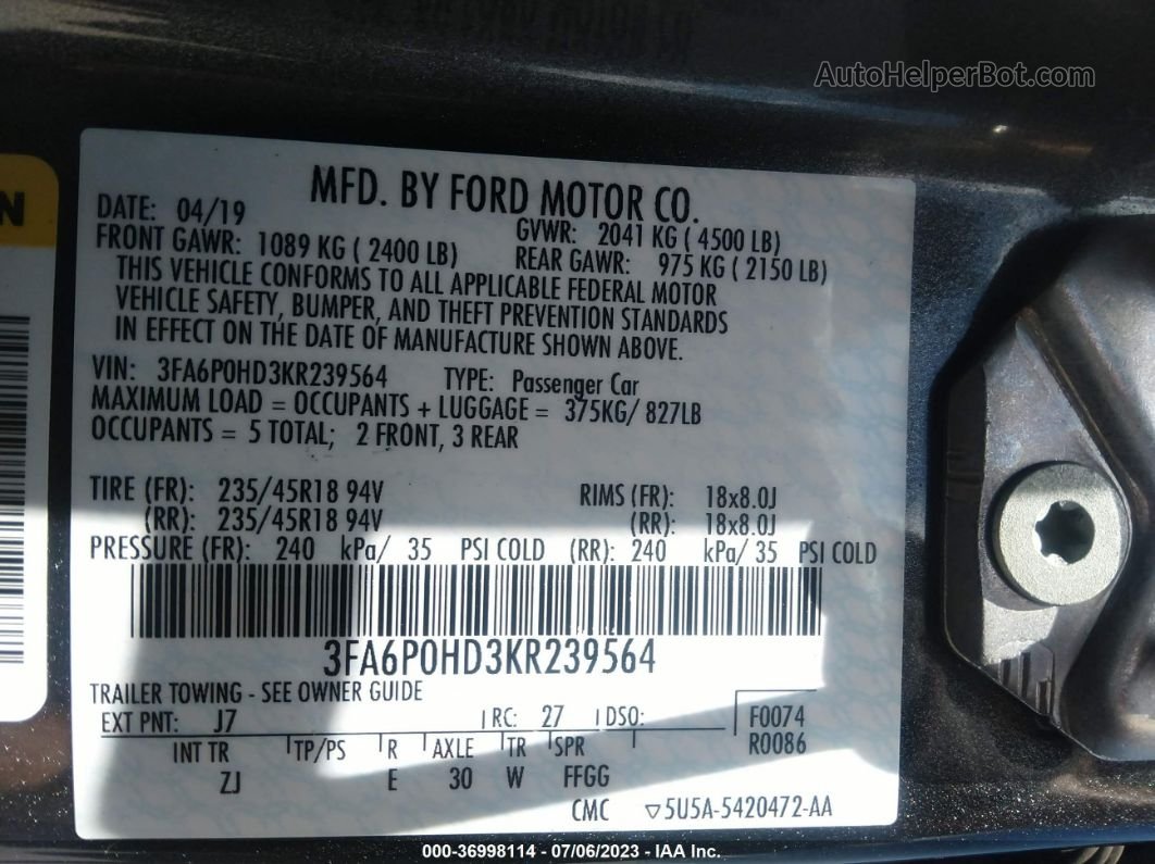 2019 Ford Fusion Se Gray vin: 3FA6P0HD3KR239564