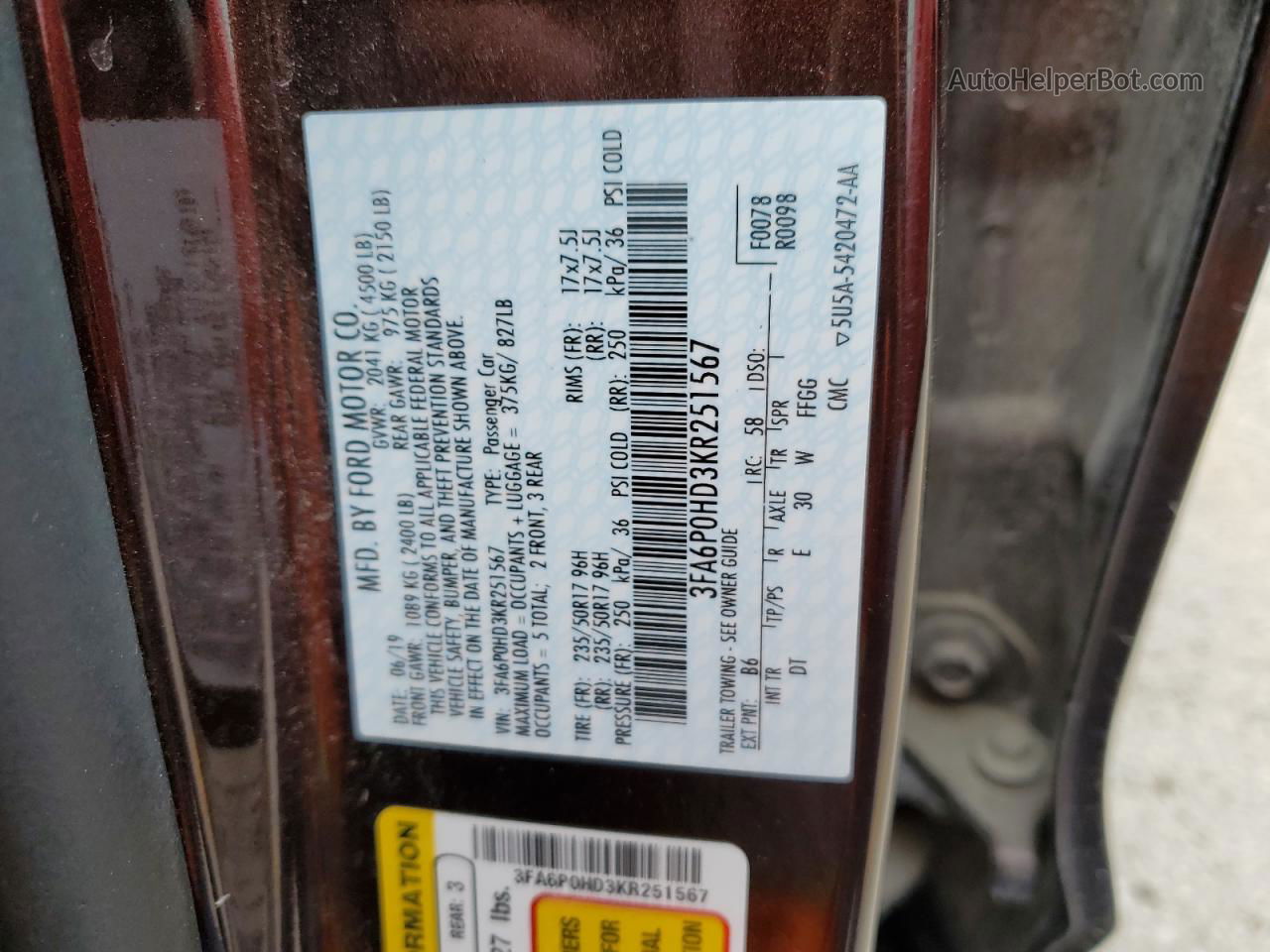 2019 Ford Fusion Se Burgundy vin: 3FA6P0HD3KR251567