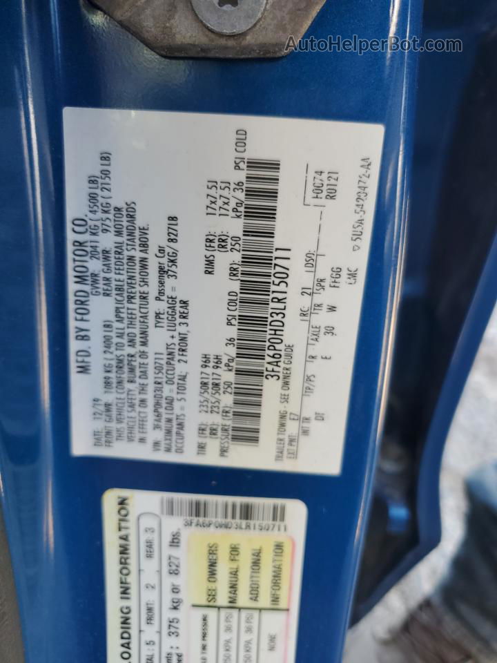 2020 Ford Fusion Se Blue vin: 3FA6P0HD3LR150711