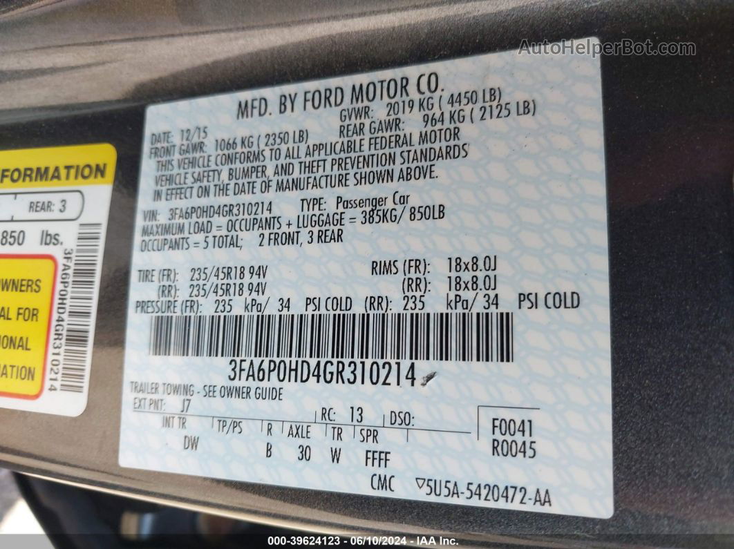 2016 Ford Fusion Se Gray vin: 3FA6P0HD4GR310214