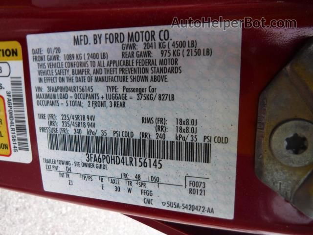 2020 Ford Fusion Se Red vin: 3FA6P0HD4LR156145