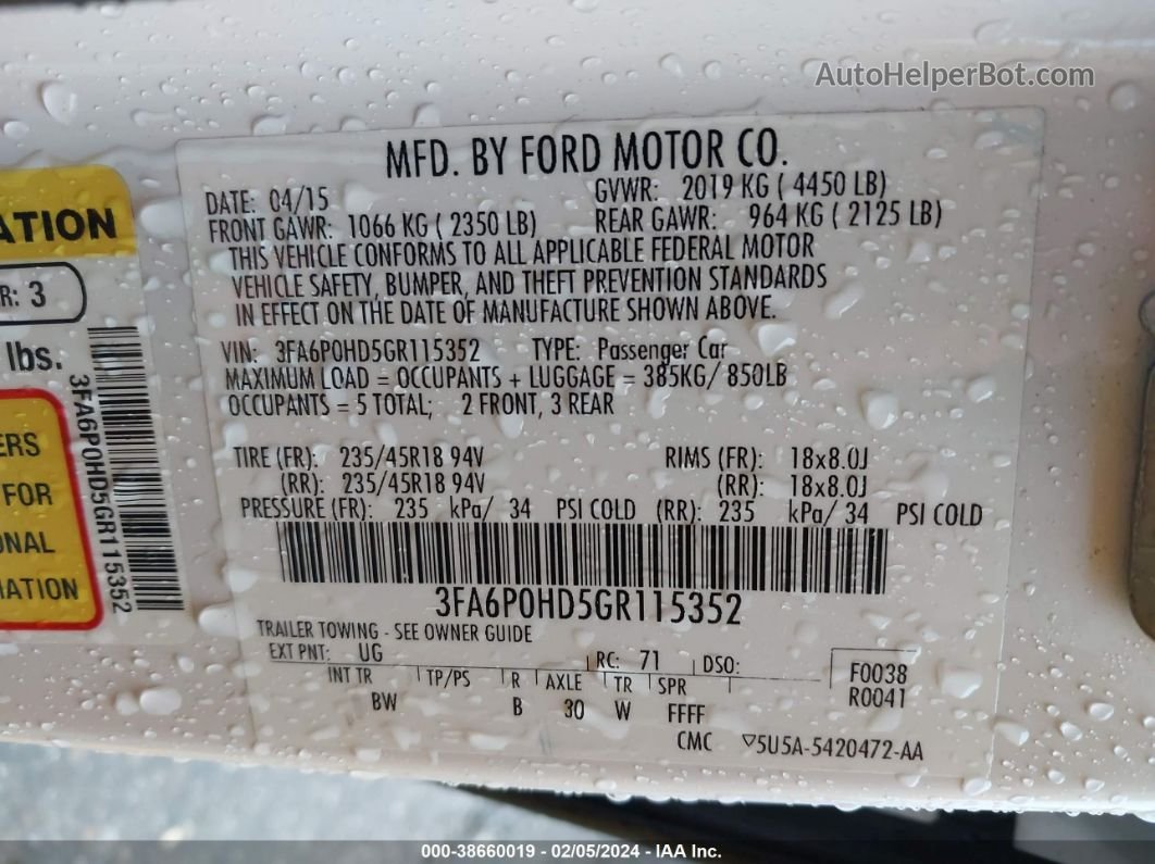 2016 Ford Fusion Se White vin: 3FA6P0HD5GR115352