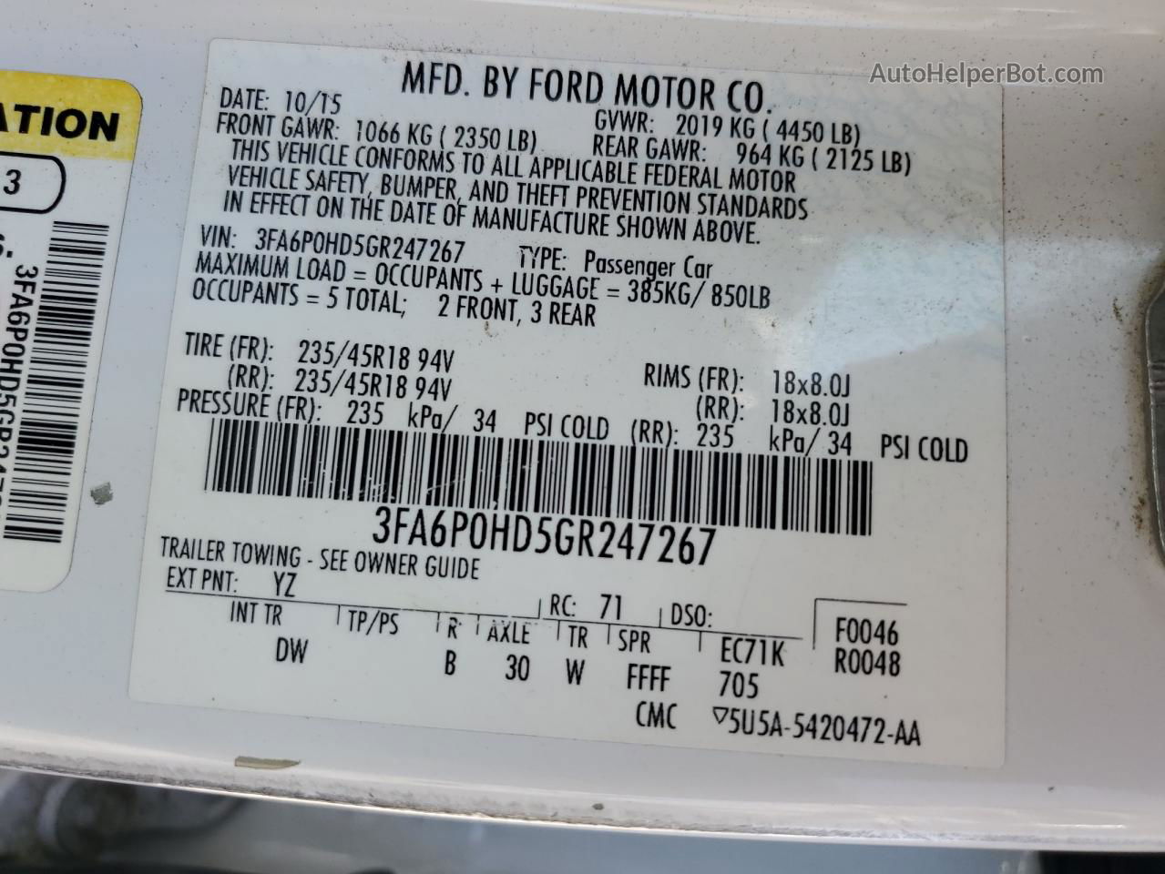2016 Ford Fusion Se White vin: 3FA6P0HD5GR247267