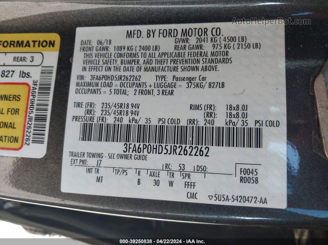 2018 Ford Fusion Se Gray vin: 3FA6P0HD5JR262262