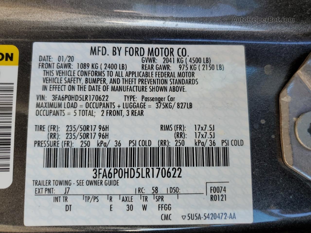 2020 Ford Fusion Se Серый vin: 3FA6P0HD5LR170622