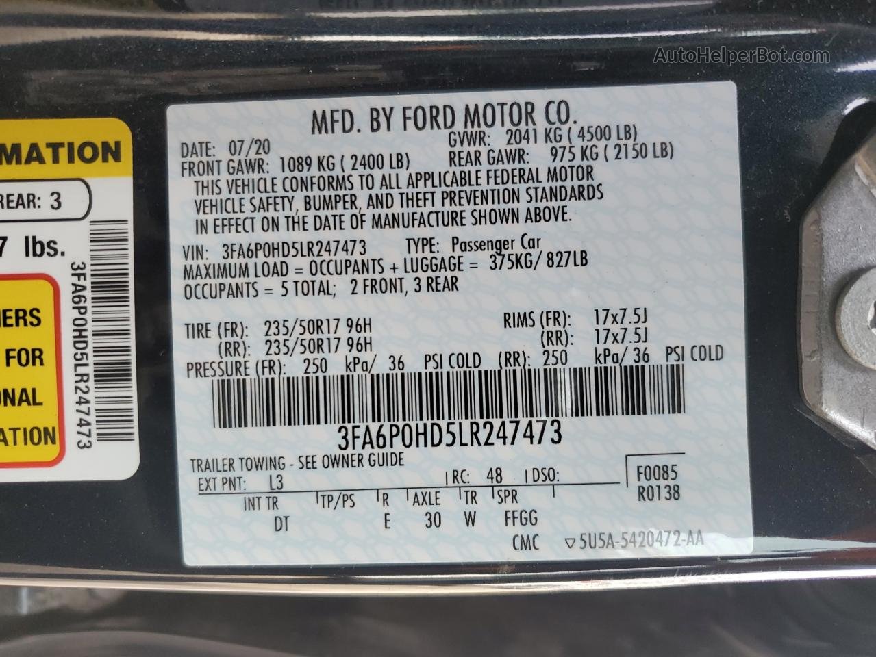 2020 Ford Fusion Se Blue vin: 3FA6P0HD5LR247473