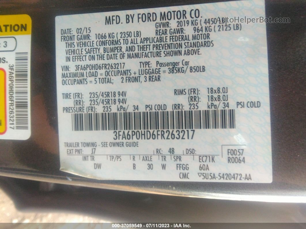 2015 Ford Fusion Se Gray vin: 3FA6P0HD6FR263217