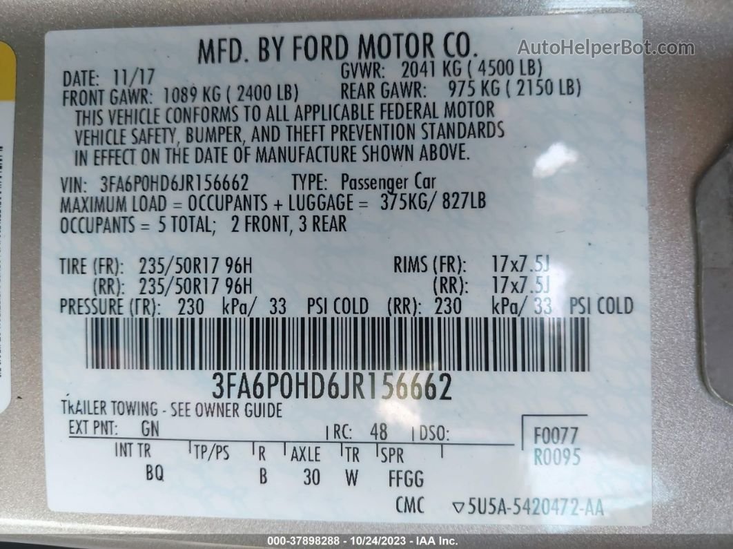 2018 Ford Fusion Se Gold vin: 3FA6P0HD6JR156662
